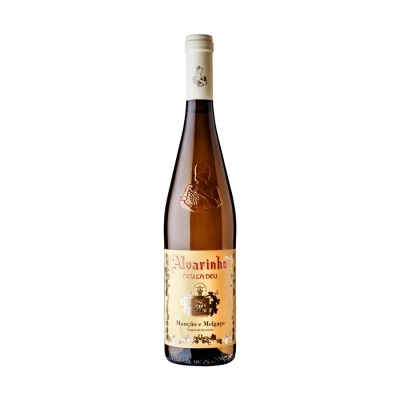 Garrafa de vinho branco Alvarinho Deu La Deu com rótulo amarelo e tampa branca