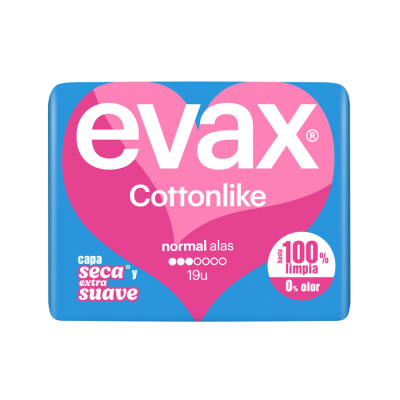 Embalagem azul e rosa de pensos higiénicos evax Cottonlike normal com asas
