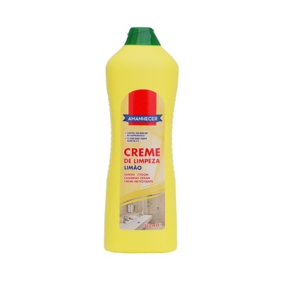 Frasco amarelo de creme de limpeza Amanhecer limão com rótulo e tampa verde