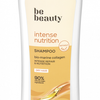 Frasco branco de champô be beauty intense nutrition com tampa amarela e rótulo amarelo