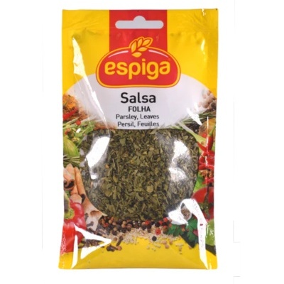 Pacote plástico amarelo e vermelho de salsa seca da marca espiga