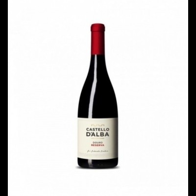 Garrafa de vinho tinto Castello D'Alba Douro Reserva com rótulo branco e rolha vermelha