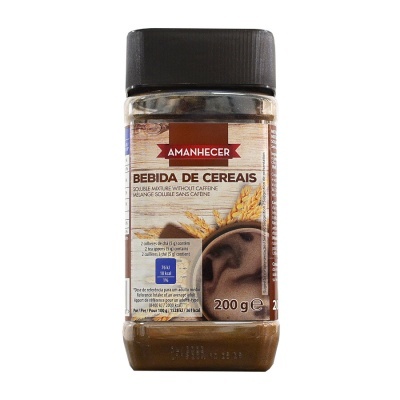 Frasco de Bebida de Cereais Amanhecer com 200 g de produto e rótulo castanho claro