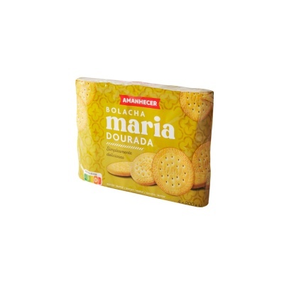 Pacote amarelo de bolachas Maria Dourada Amanhecer com imagem de bolachas redondas douradas