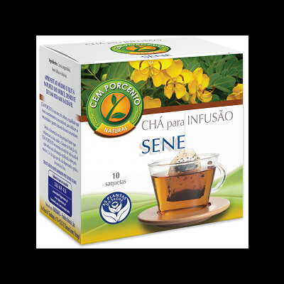 Caixa branca de chá para infusão Sene com 10 saquetas da Cem Porcento