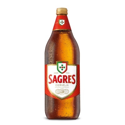 Garrafa de cerveja Sagres castanha com rótulo branco e vermelho e tampa dourada