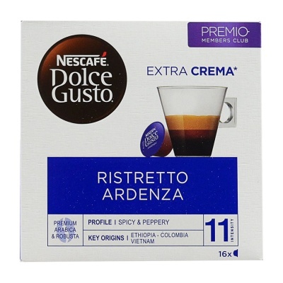 Embalagem branca de cápsulas de café Nescafé Dolce Gusto Ristretto Ardenza com texto e imagem de chávena de café