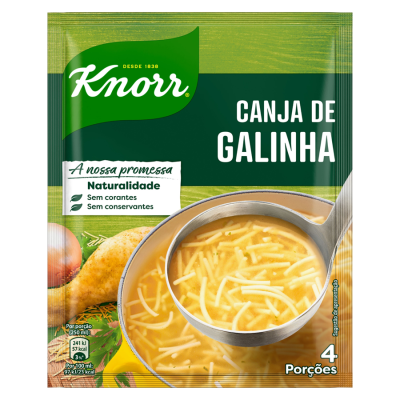 Pacote de canja de galinha Knorr com sopa e texto em português