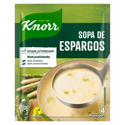 Embalagem verde e amarela de sopa Knorr Sopa de Espargos com concha de sopa cremosa