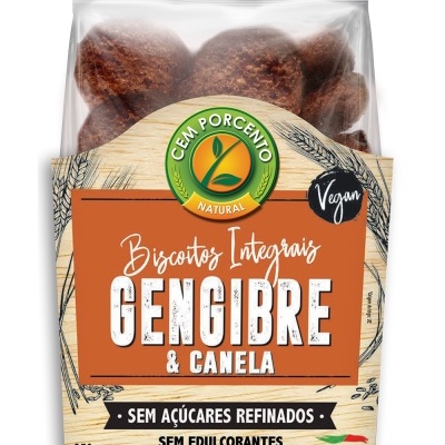 Pacote de biscoitos integrais de gengibre e canela da marca CEM PORCENTO