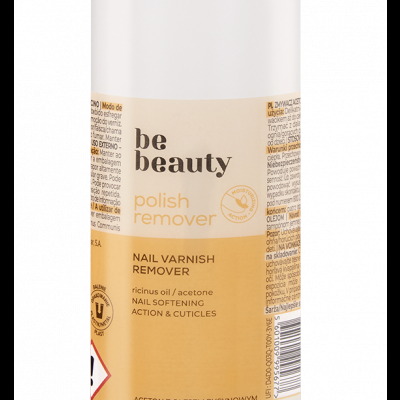 Frasco branco de removedor de verniz de unhas be beauty com tampa laranja e rótulo laranja