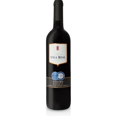 Garrafa de vinho tinto Vila Real Douro Reserva com rótulos e selos azuis