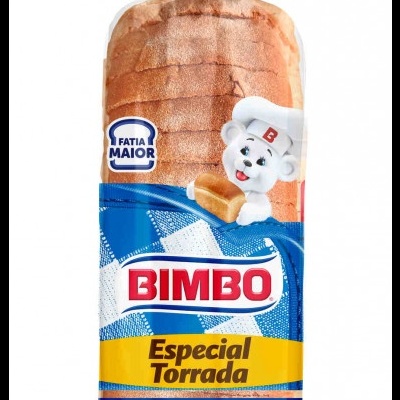 Pão de forma Torrado Bimbo 0% Açúcares Adicionados em embalagem azul e branca xadrez.
