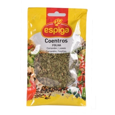 Pacote de folhas de coentro secas da marca espiga em embalagem amarelo e vermelho com texto e imagens de vegetais