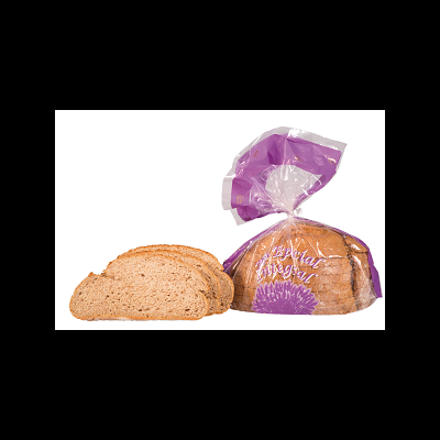 Pão integral embalado em plástico roxo com fatias de pão ao lado