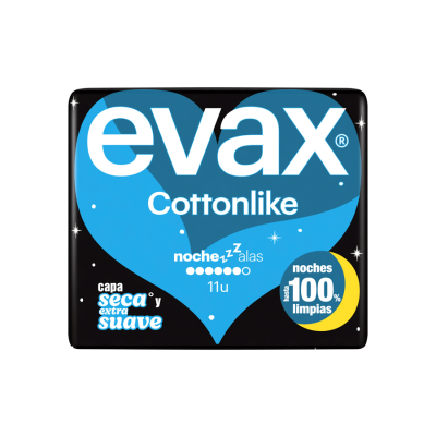 Pacote preto e azul de pensos higiénicos evax Cottonlike com detalhes em branco e amarelo