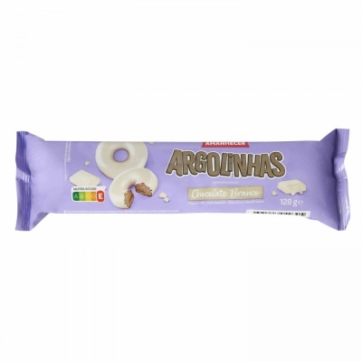 Embalagem lilás de bolachas Argolinhas com chocolate branco de 128g