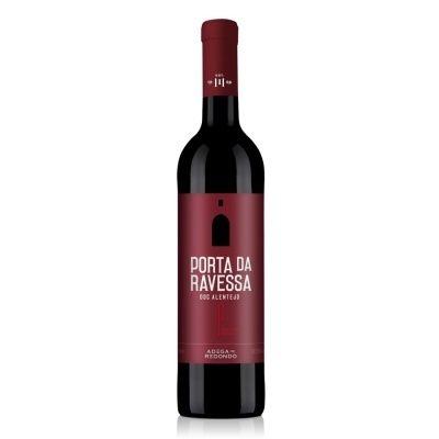 Garrafa de vinho tinto Porta da Ravessa com rótulo vermelho e texto branco