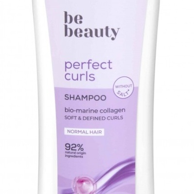 Frasco lilás e branco de champô be beauty perfect curls para cabelo normal.