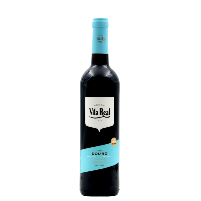 Garrafa de vinho tinto Adega Vila Real com rótulo azul e branco