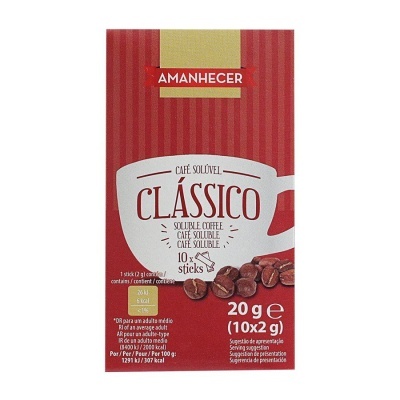 Embalagem vermelha de café solúvel Amanhecer Clássico com grãos de café