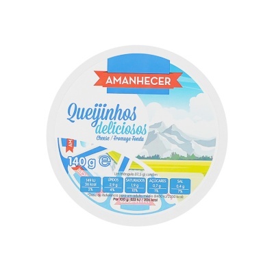 Embalagem redonda de queijo Queijinhos deliciosos da marca Amanhecer com rótulo colorido e informação nutricional