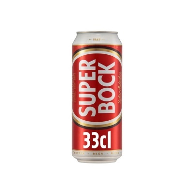 Lata de cerveja Super Bock 33cl vermelha com texto branco