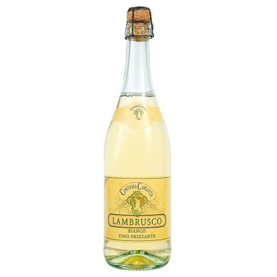 Garrafas de vinho branco espumante Lambrusco com rótulo amarelo e tampa de cortiça