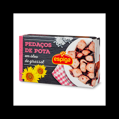 Lata de pedaços de pota em óleo de girassol da Espiga com girassóis e prato de pota