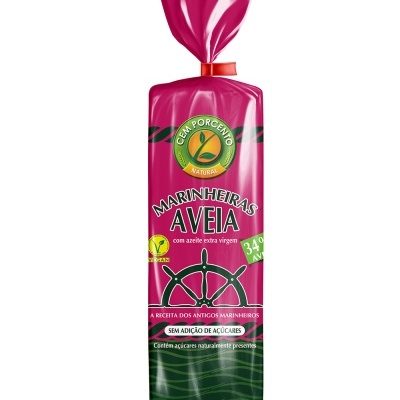 Pacote de aveia em embalagem rosa e verde com texto e selo vegan.