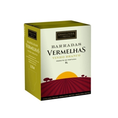 Embalagem de vinho branco Ermelinda Freitas Barradas Vermelhas 5L com design de campo e pôr do sol