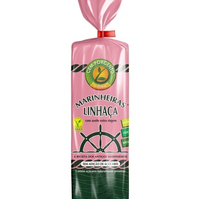 Bolachas MarINHEIRAS LINHAÇA em embalagem rosa e verde com roda de leme e texto