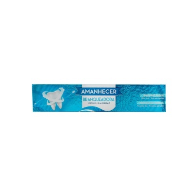 Embalagem azul creme dental Amanhecer Branqueadora com dente branco e texto
