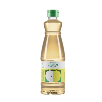 Garrafa de vinagre Cristal com tampa verde e rótulo branco e amarelo