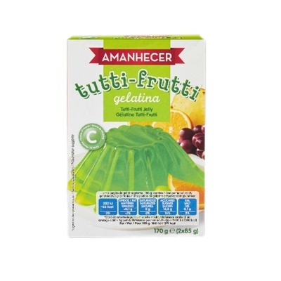 Embalagem de gelatina tutti-frutti Amanhecer com imagem de gelatina verde e frutas