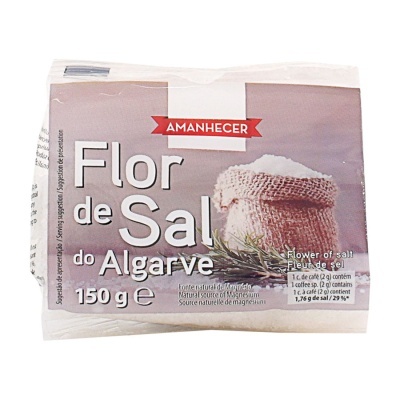 Pacote de Flor de Sal do Algarve Amanhecer 150 g com saco de ráfia cheio de sal e alecrim