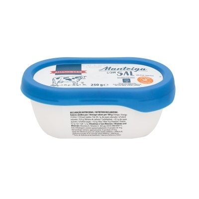 Embalagem de manteiga com sal Amanhecer 250 g com tampa azul