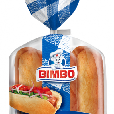 Pacote de pão para hot dog da marca BIMBO com embalagem azul e branca.