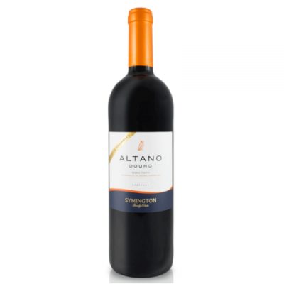Garrafa de vinho tinto Altano Douro com rótulo branco e detalhes laranja e azul