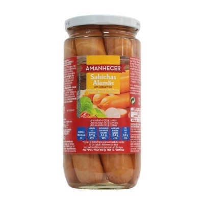 Frasco de vidro com salsichas alemãs da marca AMANHECER