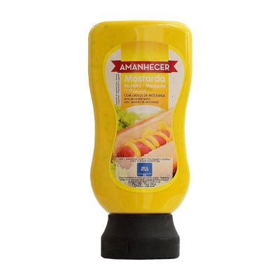 Frasco amarelo de mostarda da marca AMANHECER com rótulo e tampa preta
