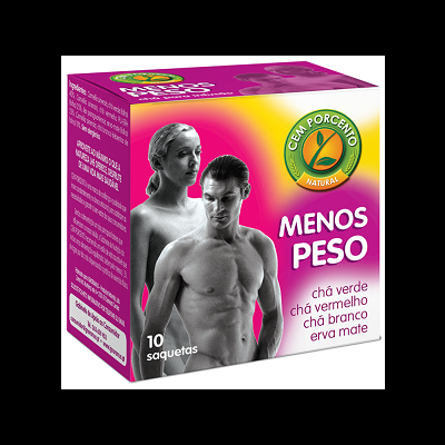 Embalagem de chá Menos Peso da Cem Porcento Natural com design rosa e amarelo e imagem de homem e mulher