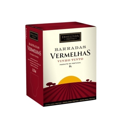 Embalagem de vinho tinto Barradas Vermelhas 5L com design vermelho e creme
