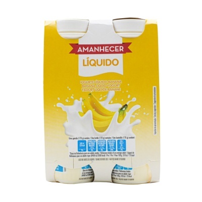 Embalagem amarela com duas garrafas de iogurte líquido de banana AMANHECER