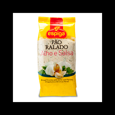 Pacote amarelo de pão ralado sabor Alho e Salsa da espiga