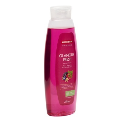 Garrafa plástica transparente com gel de banho cor de rosa e rótulo com texto