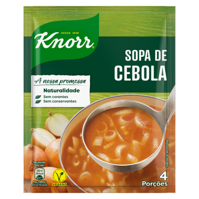 Pacote verde de sopa de cebola Knorr com imagem de sopa numa concha metálica