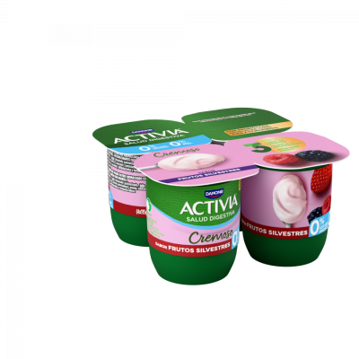 Pack de quatro iogurtes Danone Activia sabor frutos silvestres com tampas rosas e verdes