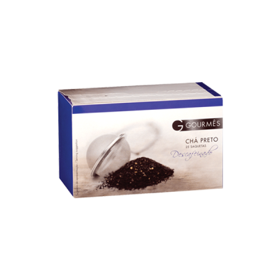Caixa de chá preto GOURMÉS com 25 saquetas, imagem de infusor metálico e chá preto solto.