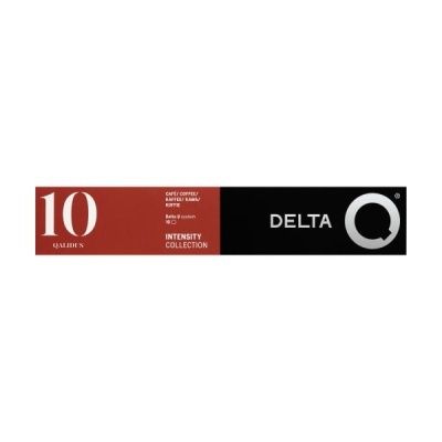 Embalagem de 10 cápsulas de café Delta Q com design preto e vermelho